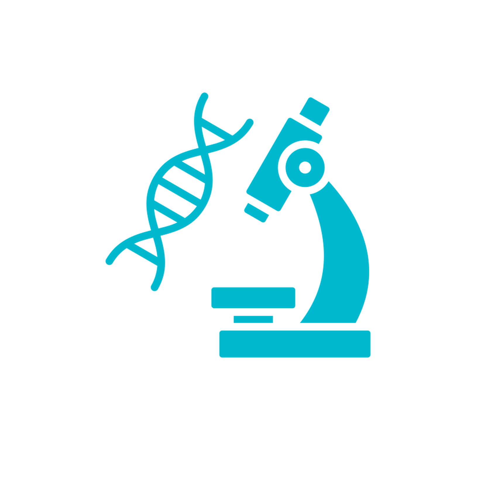 Blue and white icon of a microscope and DNA strand.