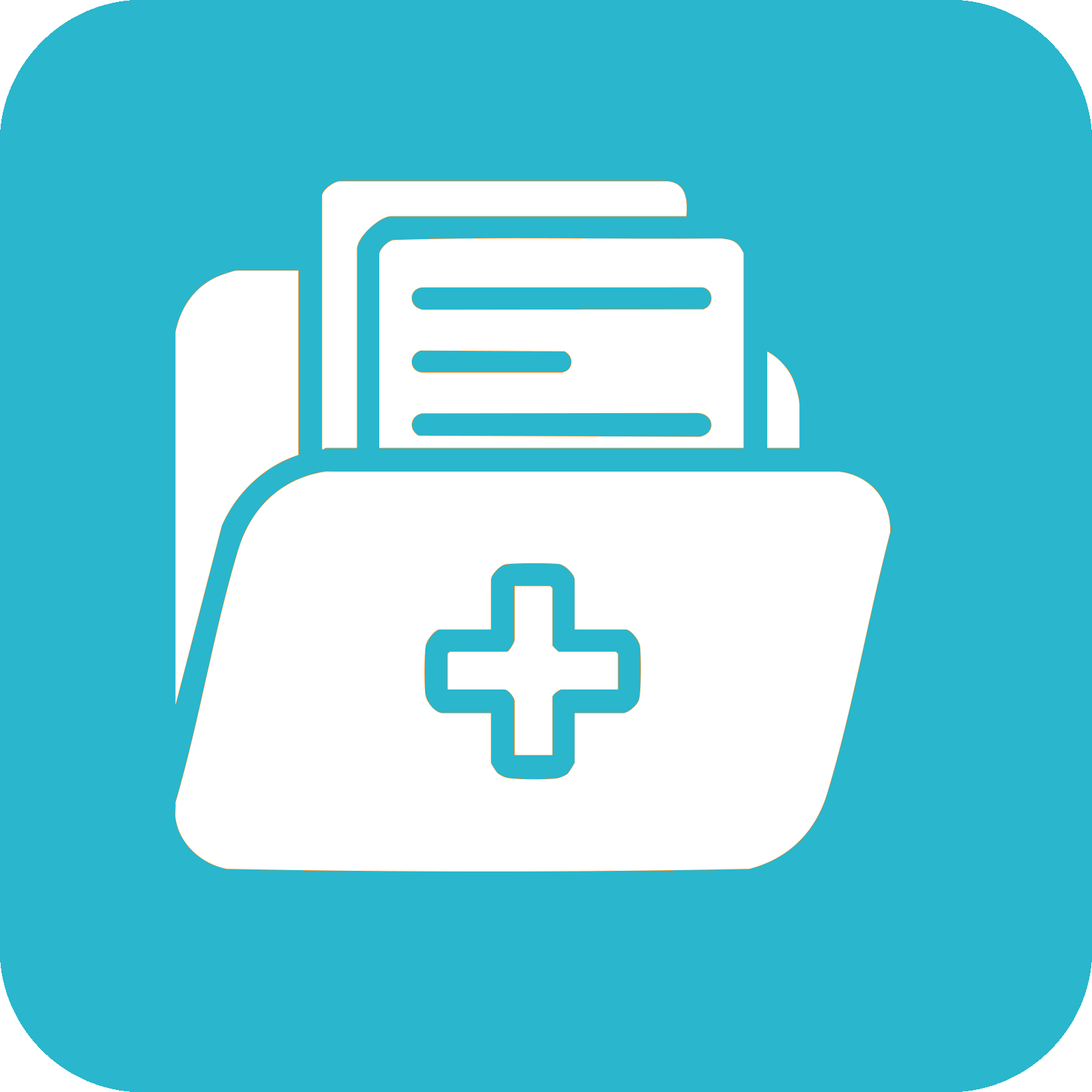 Blue and white icon of a medical document folder and documents.