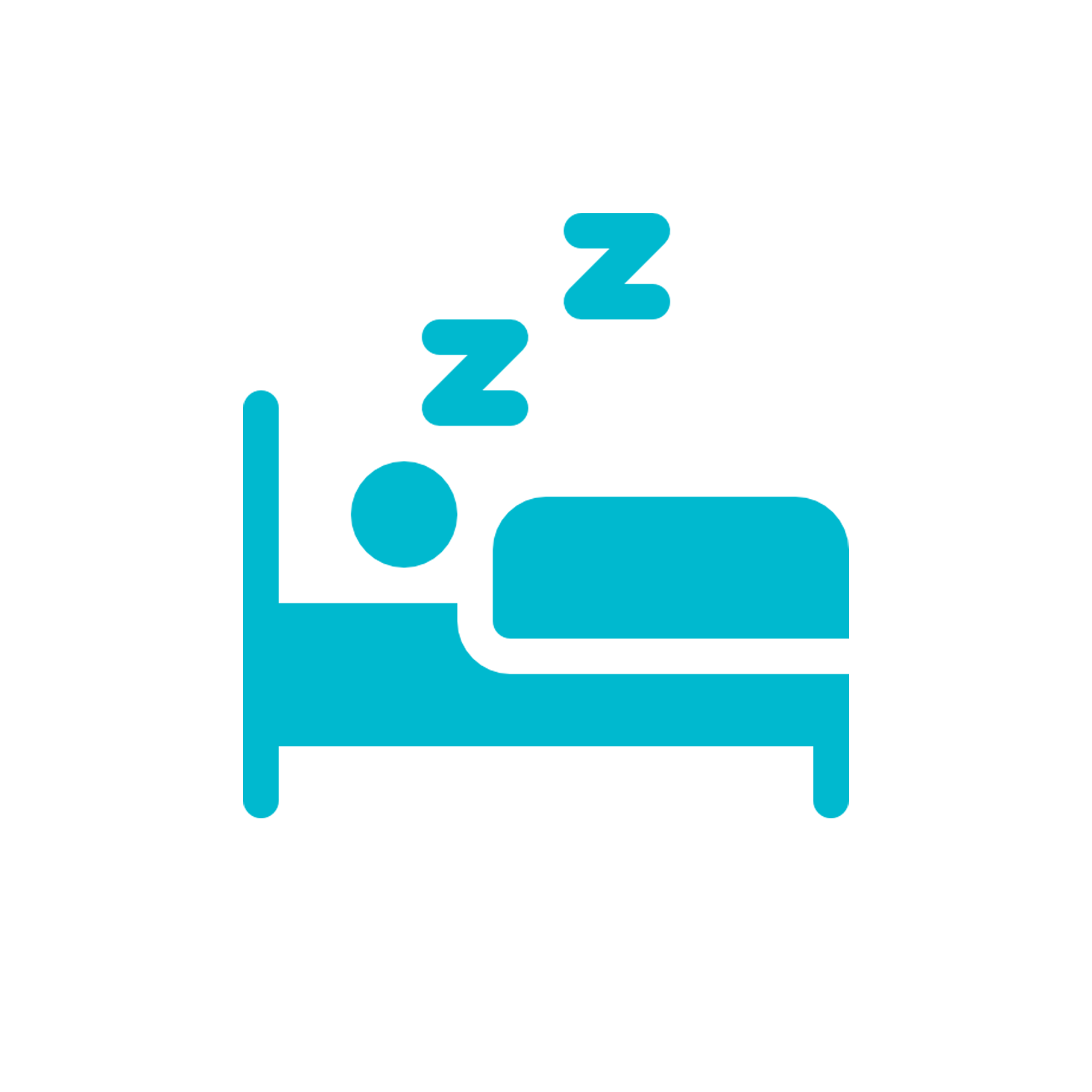 Blue and white icon of a person sleeping in a bed.