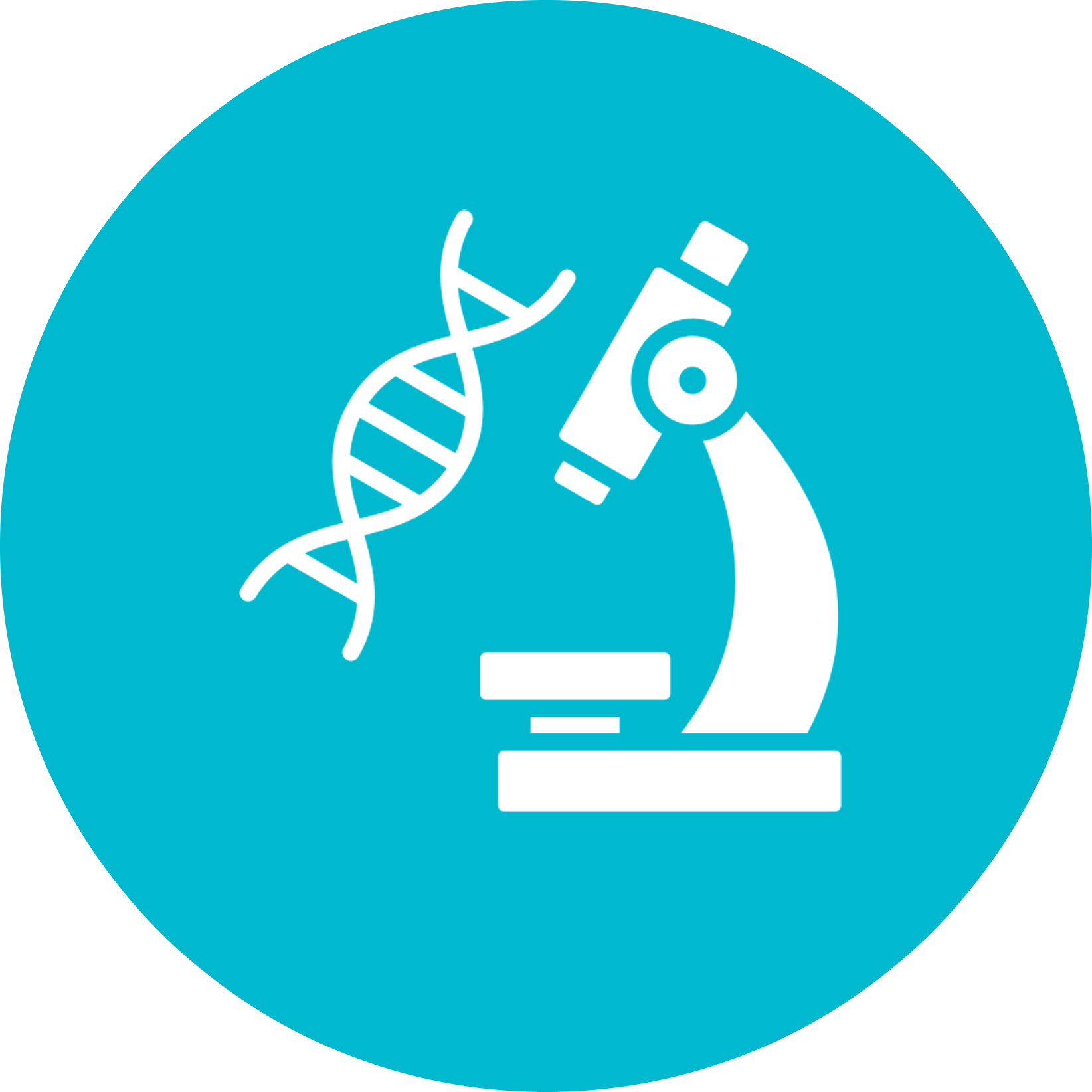Blue and white icon of a microscope and DNA strand.