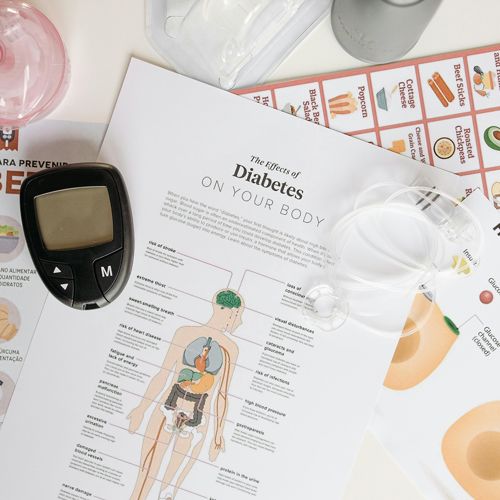 Diabetes information sheet with insulin reader beside it.