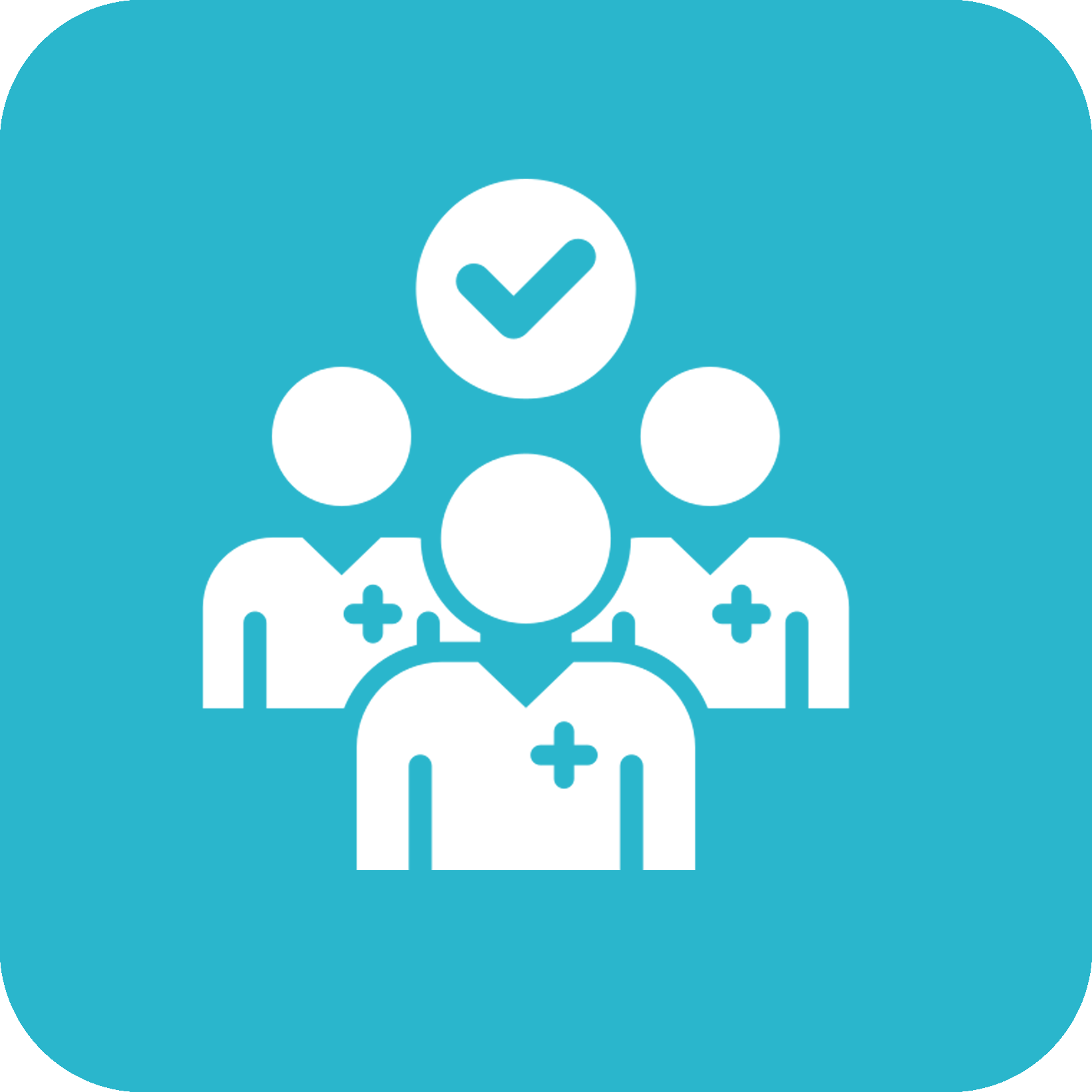 Blue and white icon showing three doctors.