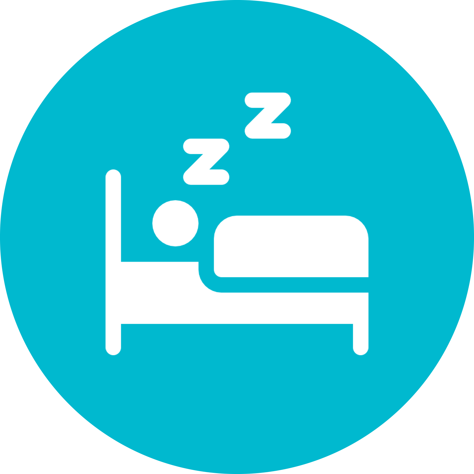 Blue and white icon of a person asleep in a bed