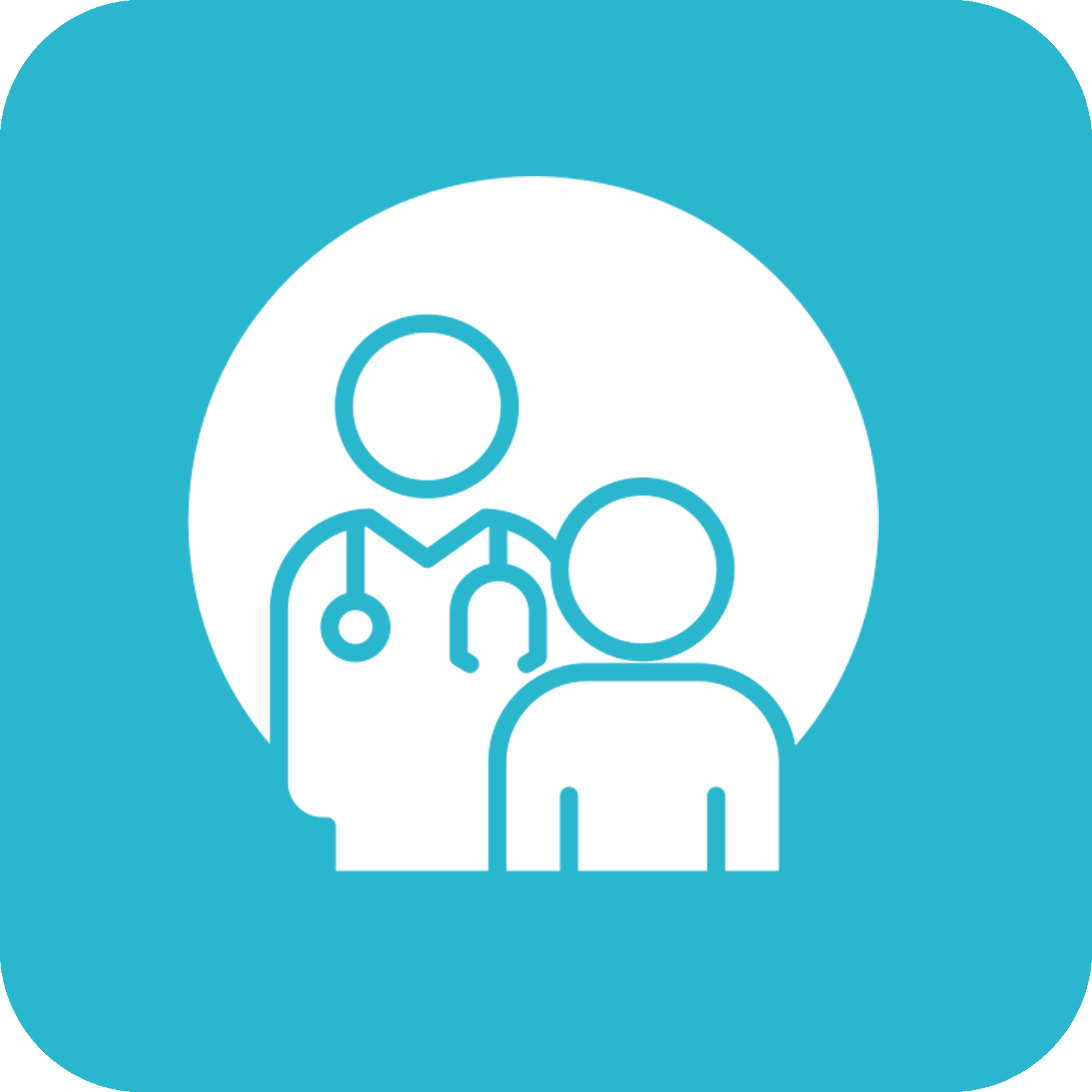 Blue and white icon showing a doctor standing beside a patient